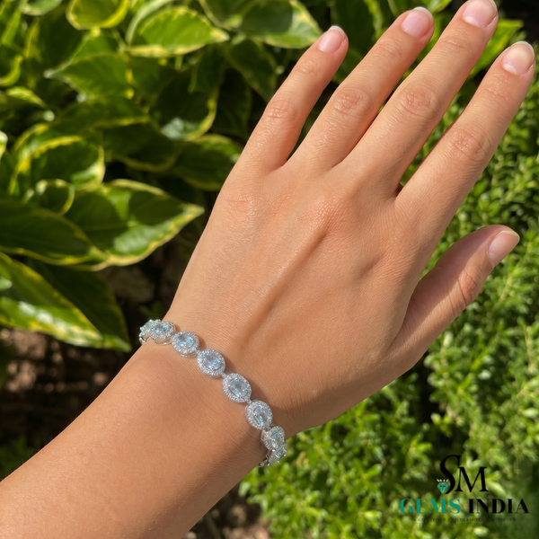 Aquamarine Oval Halo Diamond Tennis Bracelet - Fine Jewelry Gift for Women