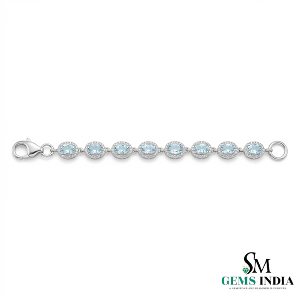 Aquamarine Oval Halo Diamond Tennis Bracelet - Fine Jewelry Gift for Women