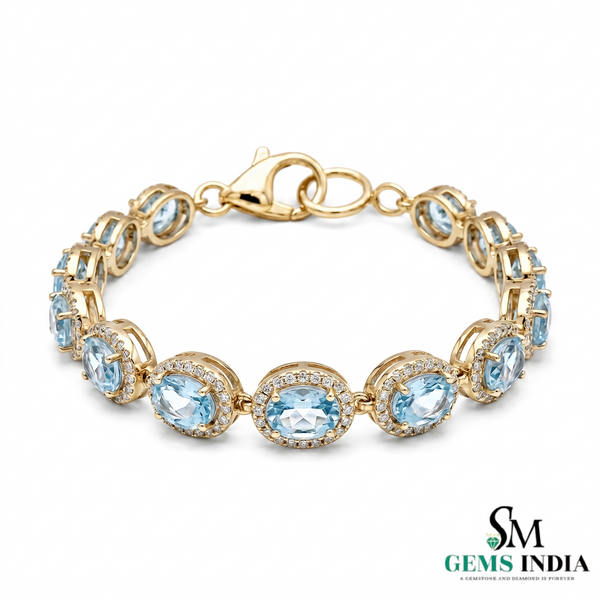 Aquamarine Oval Halo Diamond Tennis Bracelet - Fine Jewelry Gift for Women