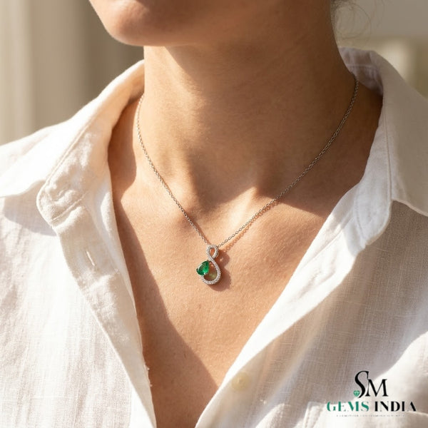 Natural Pear Cut Emerald & Diamond Infinity Pendant - Elegant Anniversary Gift