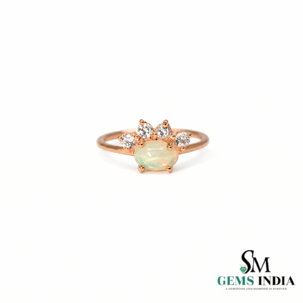 Vintage Oval Opal and Diamond Crown Ring - October Birthstone Jewelry