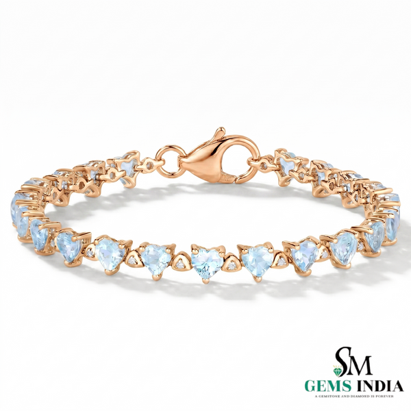 Heart-Shaped Aquamarine Link Bracelet for Women - Anniversary Gift for Her