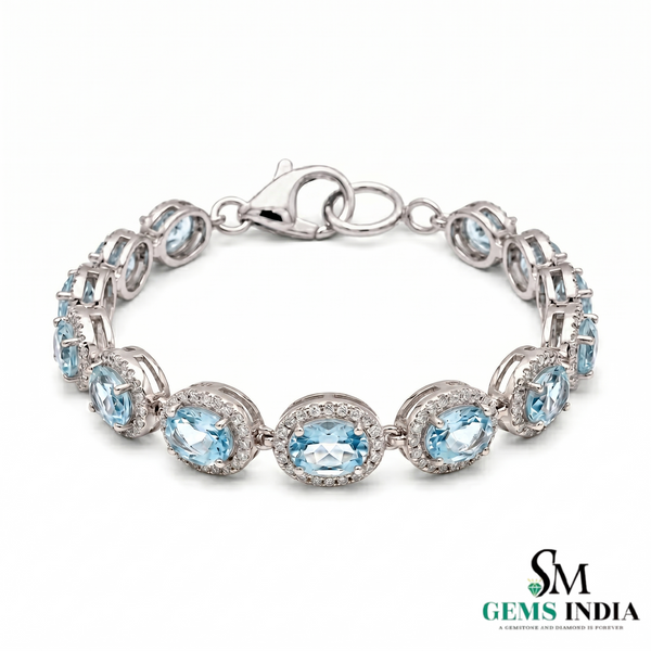 Aquamarine Oval Halo Diamond Tennis Bracelet - Fine Jewelry Gift for Women