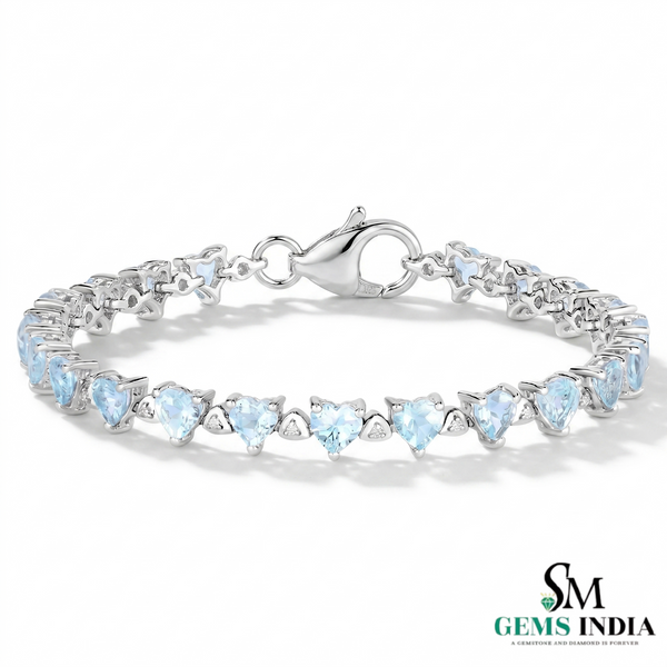 Heart-Shaped Aquamarine Link Bracelet for Women - Anniversary Gift for Her