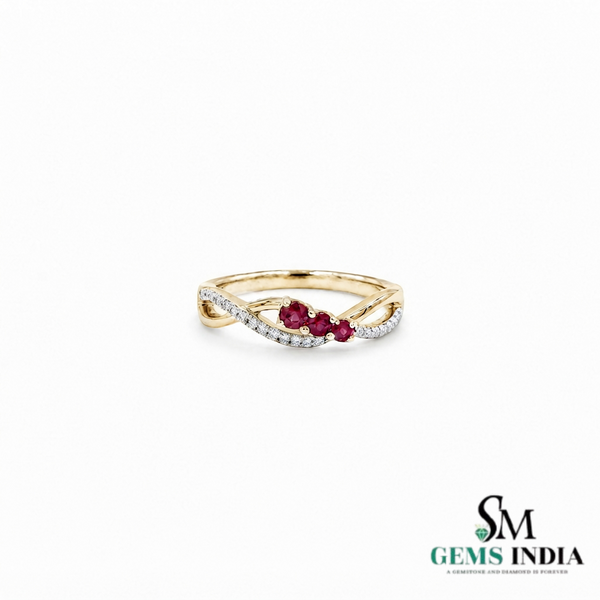 Natural Ruby & Diamond Crossover Ring in 14K Gold - Gift for Her