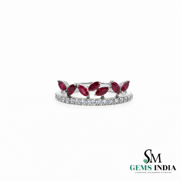 Marquise Ruby & Diamond Band Ring – Floral Vine Inspired Stackable Ring