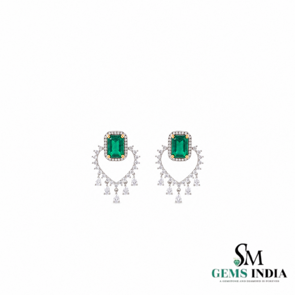 Emerald Cut Emerald Green Heart Drop Earrings with Diamond Accents