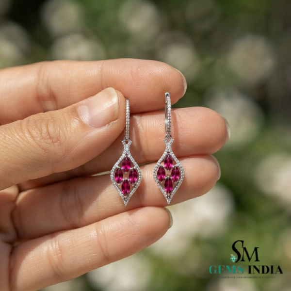 Ruby and Diamond Marquise Drop Earrings - Elegant Gemstone Jewelry for Women