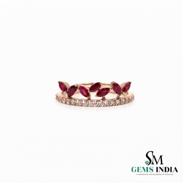 Marquise Ruby & Diamond Band Ring – Floral Vine Inspired Stackable Ring