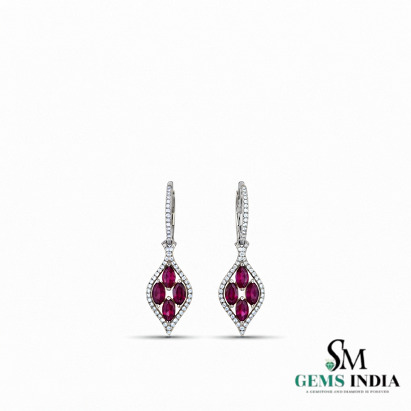 Ruby and Diamond Marquise Drop Earrings - Elegant Gemstone Jewelry for Women