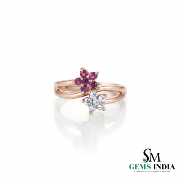 Natural Ruby & Diamond Flower Open Ring - Floral Bypass Band for Women