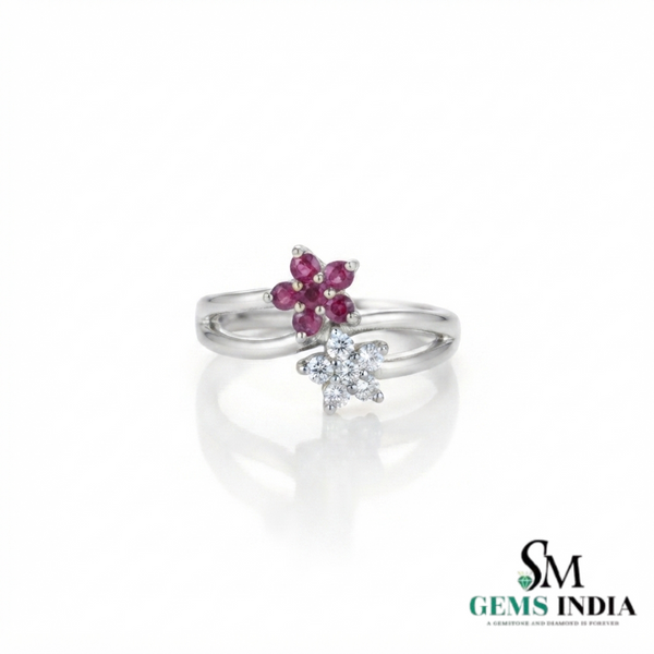 Natural Ruby & Diamond Flower Open Ring - Floral Bypass Band for Women