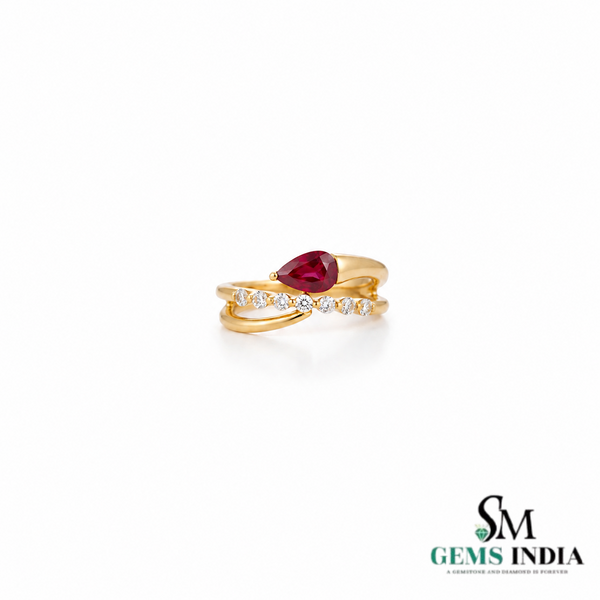 Pear Cut Ruby & Diamond Bypass Ring – Elegant Split Shank Statement Ring
