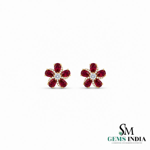 Pear Ruby Flower Stud Earrings with Diamond Accents – Elegant Statement Jewelry