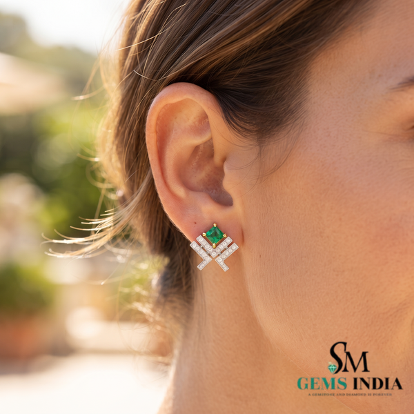 Princess Cut Emerald Green Geometric Stud Earrings - Fine Jewelry Earrings