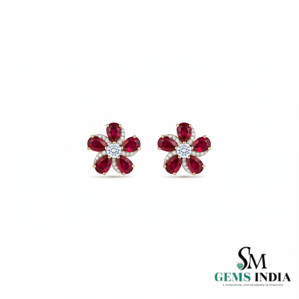 Pear Ruby Flower Stud Earrings with Diamond Accents – Elegant Statement Jewelry