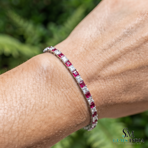 Elegant Princess Cut Ruby & Diamond Tennis Bracelet - Fine Gold Jewelry