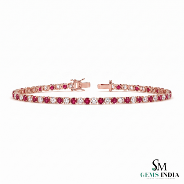Natural Round Ruby & Diamond Tennis Bracelet - Birthday Gift for Her