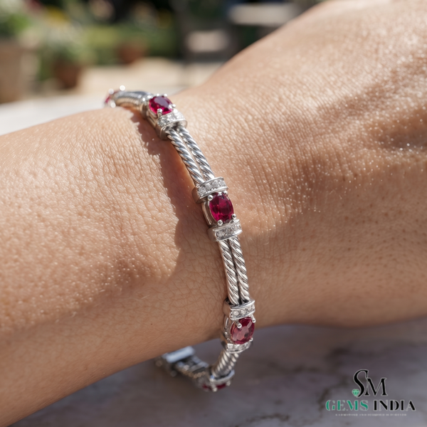 Natural Ruby & Diamond Twisted Rope Link Bracelet in 14K Gold - Anniversary Gift