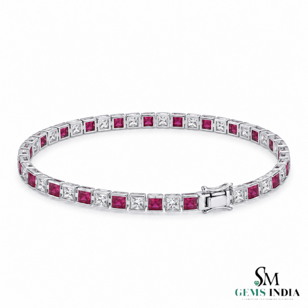 Elegant Princess Cut Ruby & Diamond Tennis Bracelet - Fine Gold Jewelry