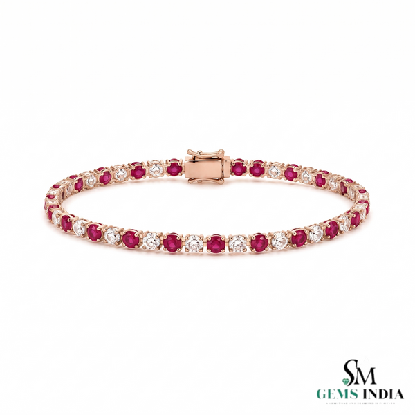 Natural Round Ruby & Diamond Tennis Bracelet - Birthday Gift for Her