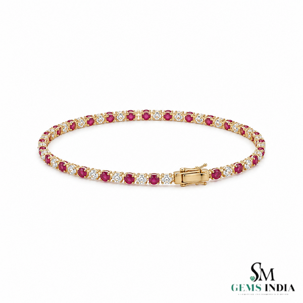 Natural Round Ruby & Diamond Tennis Bracelet - Birthday Gift for Her
