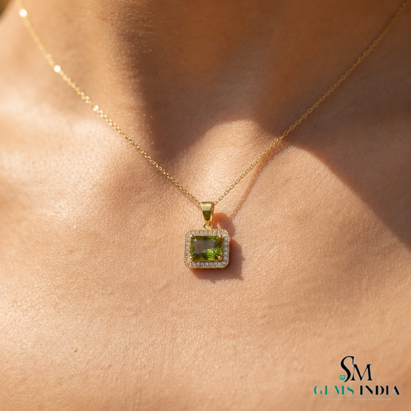 Emerald Cut Peridot Halo Pendant With Diamond Accent - August Birthstone Jewelry