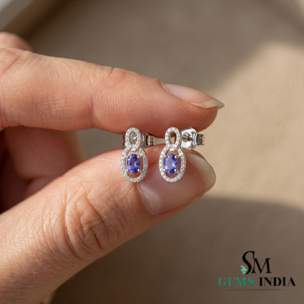 Oval Tanzanite Diamond Halo Stud Earrings – Elegant Earrings for Women