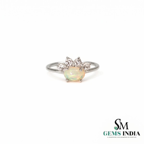 Vintage Oval Opal and Diamond Crown Ring - October Birthstone Jewelry