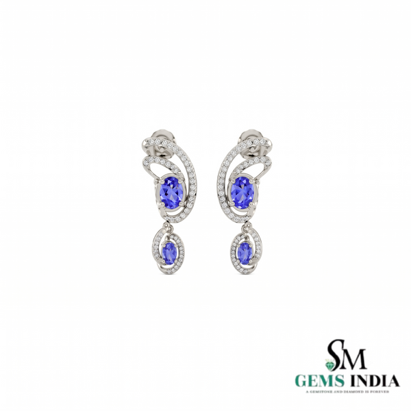 Natural Oval Tanzanite & Diamond Dangle Earrings – Elegant Vintage Drop Earrings