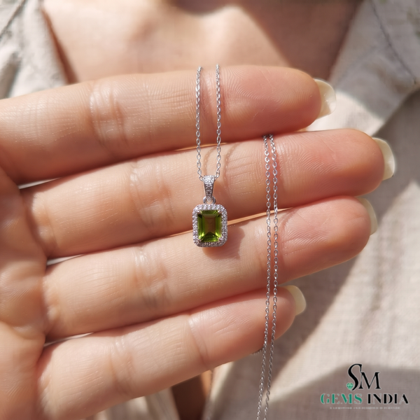 Natural Peridot Emerald Cut Pendant Diamond Accent Jewelry Gift For Her