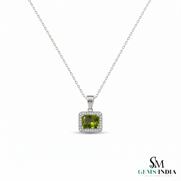Emerald Cut Peridot Halo Pendant With Diamond Accent - August Birthstone Jewelry