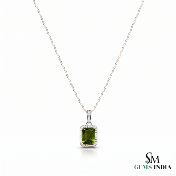 Natural Peridot Emerald Cut Pendant Diamond Accent Jewelry Gift For Her