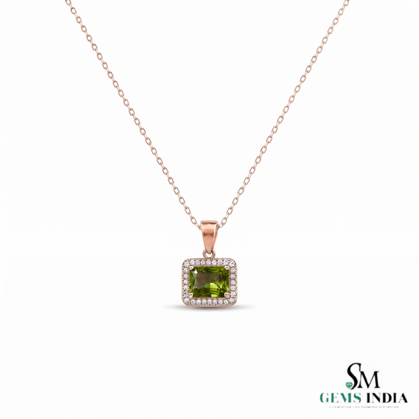 Emerald Cut Peridot Halo Pendant With Diamond Accent - August Birthstone Jewelry