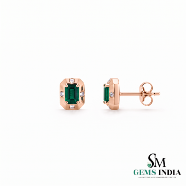 Emerald Cut Emerald Stud Earrings with Diamond Accents - Emerald Gift for Her