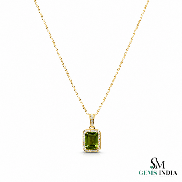 Natural Peridot Emerald Cut Pendant Diamond Accent Jewelry Gift For Her