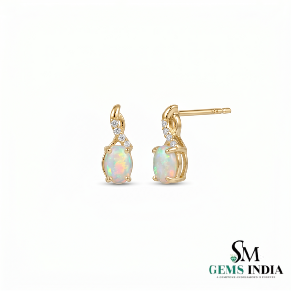 Oval Natural Fire Opal with Diamonds Stud Earrings - Gift for Her