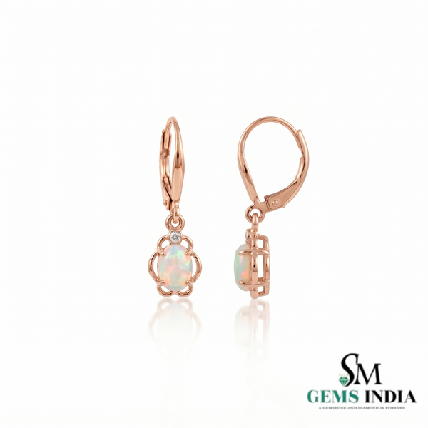 Oval Natural Opal Flower Drop Earrings with Diamond Accents - October Birthstone Jewelry