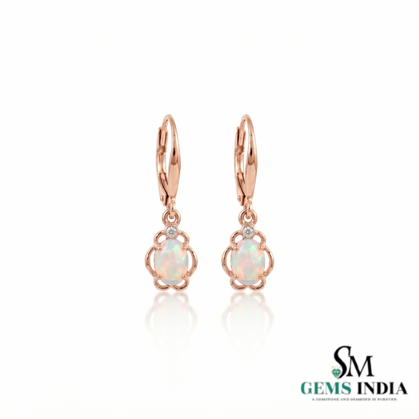 Oval Natural Opal Flower Drop Earrings with Diamond Accents - October Birthstone Jewelry