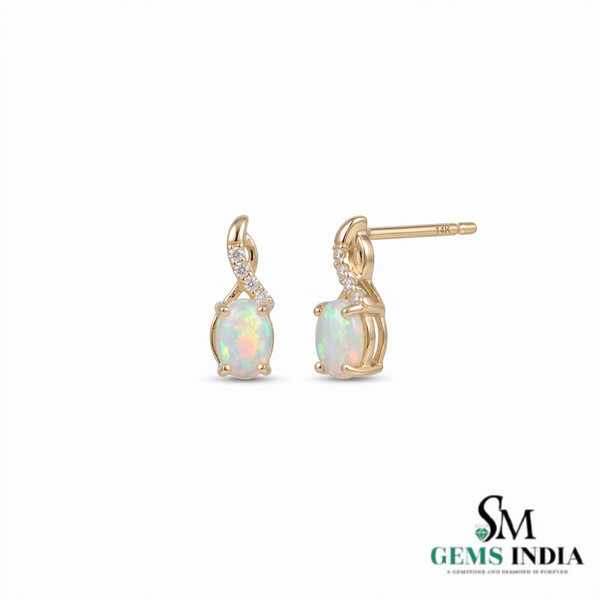 Oval Natural Fire Opal with Diamonds Stud Earrings - Gift for Her
