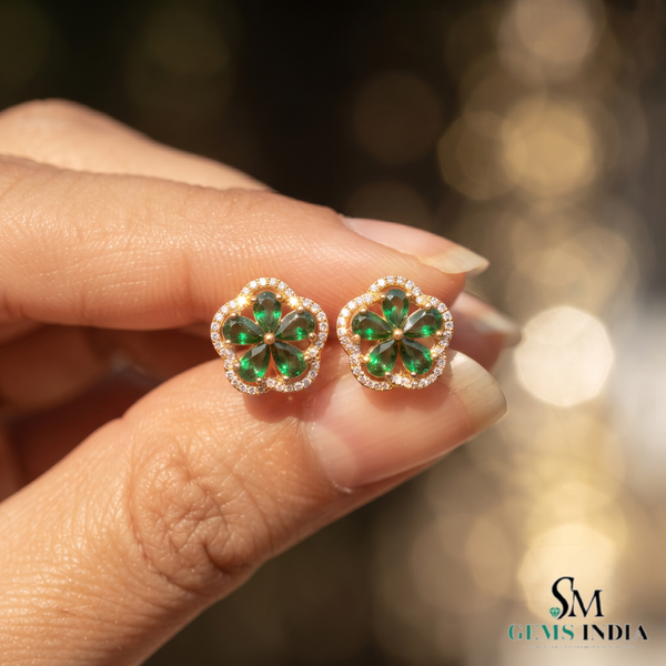 Pear Cut Emerald Flower Stud Earrings with Diamond Halo - Fine Jewelry