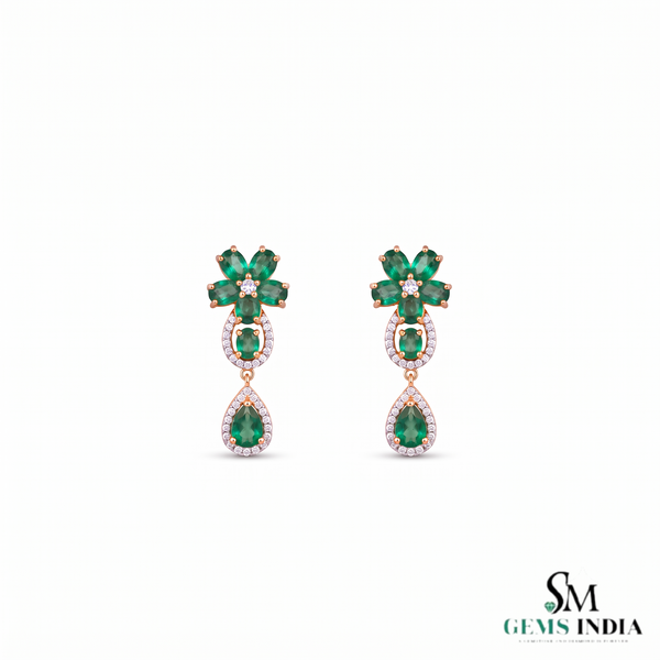 Oval and Pear cut Emerald Floral Drop Earrings with Diamond Halo Drops 