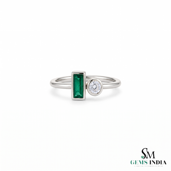 Emerald Cut Emerald and Round Diamond Ring - Modern Bezel Set Gemstone Ring