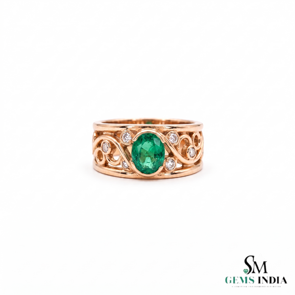 Doppelter Smaragd-Ring in offenem Design aus 14 Karat Gold – Band mit quadratisch und rund geschliffenen grünen Edelsteinen