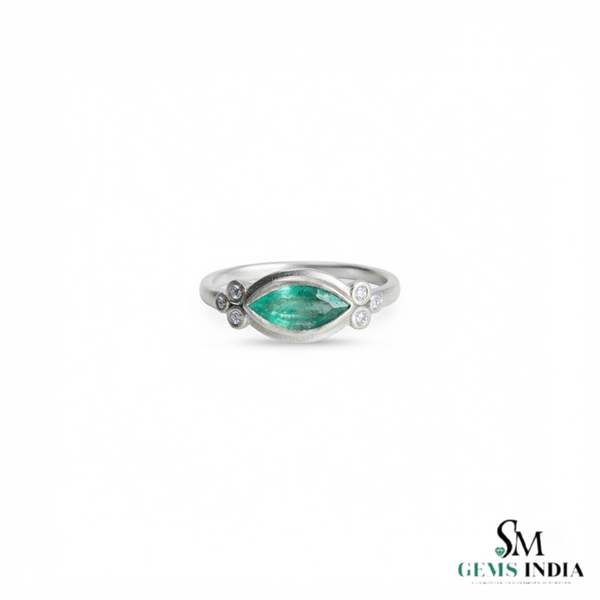 Natural Marquise Emerald & Diamond Bezel Ring - Minimalist Nature Inspired Fine Jewelry Ring