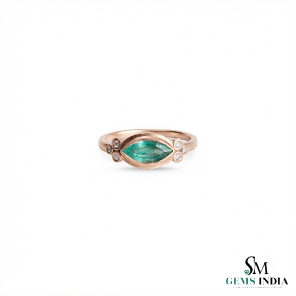 Natural Marquise Emerald & Diamond Bezel Ring - Minimalist Nature Inspired Fine Jewelry Ring
