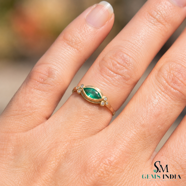 Natural Marquise Emerald & Diamond Bezel Ring - Minimalist Nature Inspired Fine Jewelry Ring