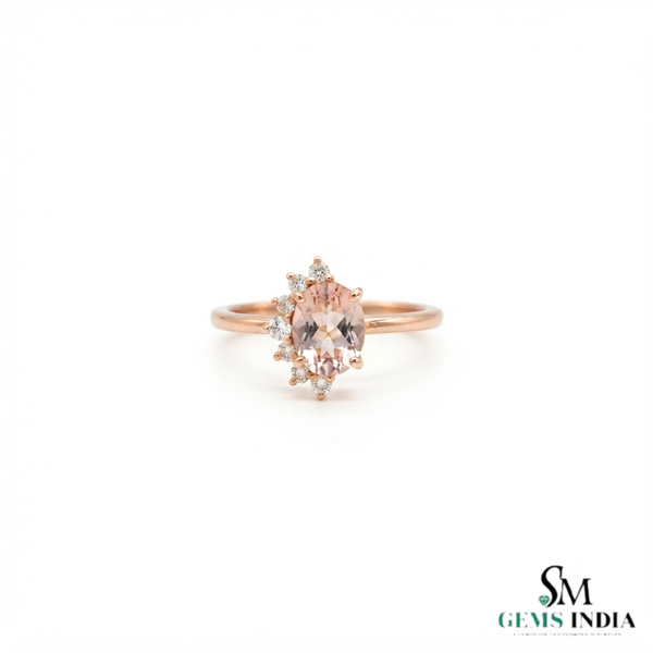 Natural Morganite Oval Cut Gold Ring with Diamond Accent Halo – Elegant Women’s Engagement Ring