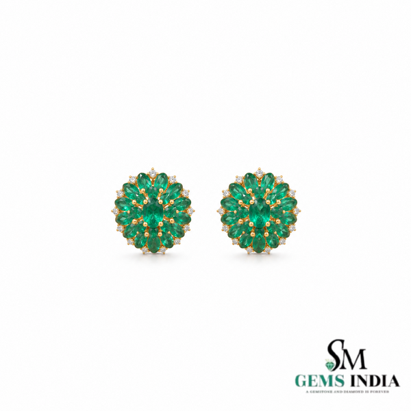 Oval Cut Emerald Green Bloom Stud Earrings with Diamond Accents