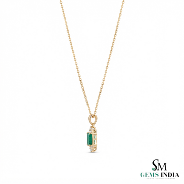 Natural Baguette Cut Emerald & Diamond Pendant - Anniversary Gift For Her